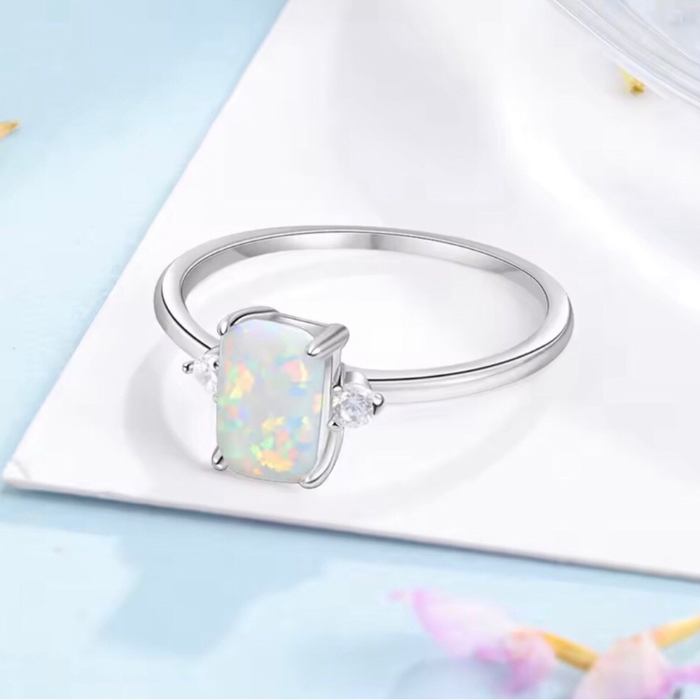 Sterling Silver Opal Accent Ring - White Opal